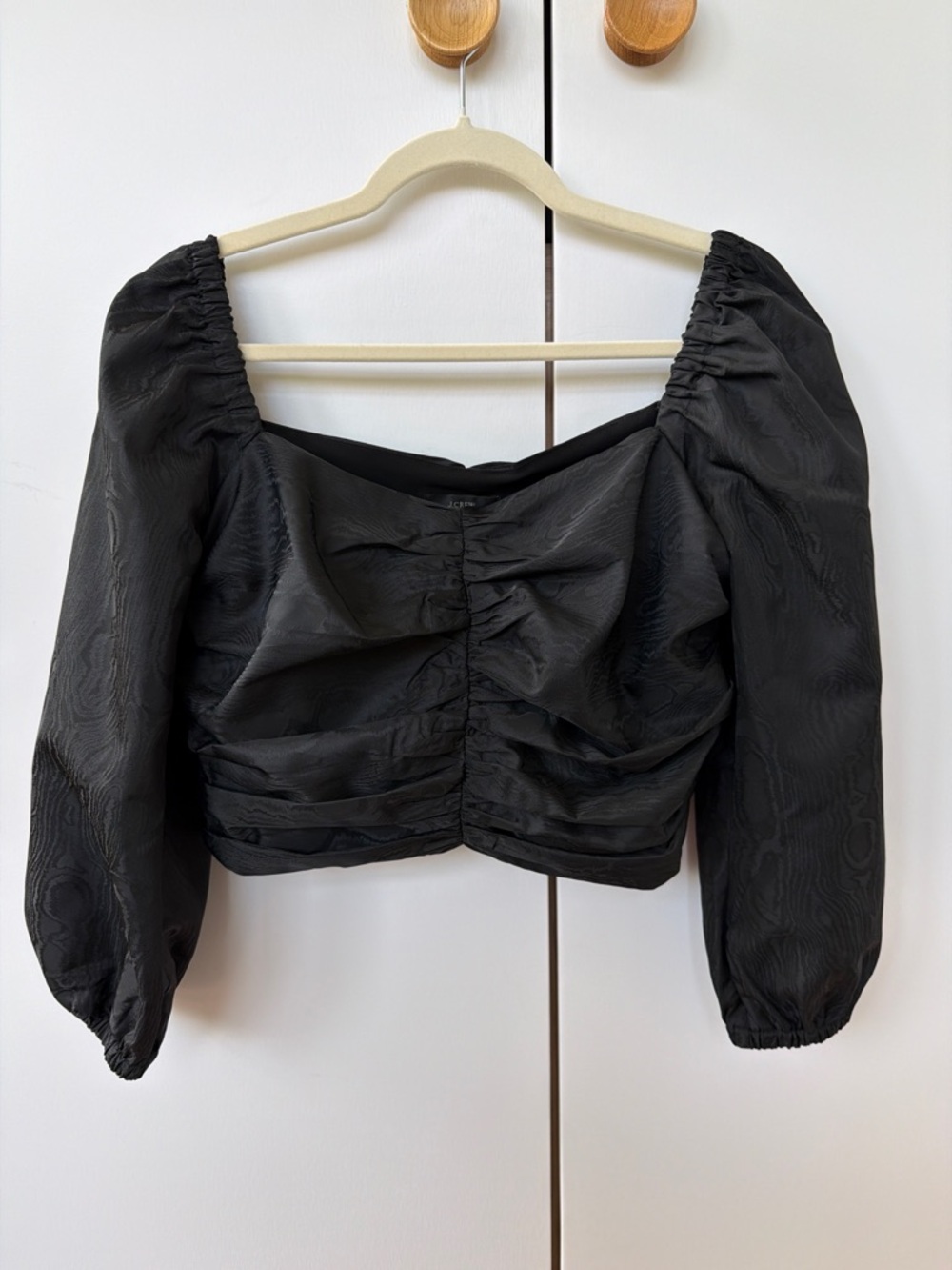 J. Crew Black Puff-Sleeve Ruched Crop Blouse